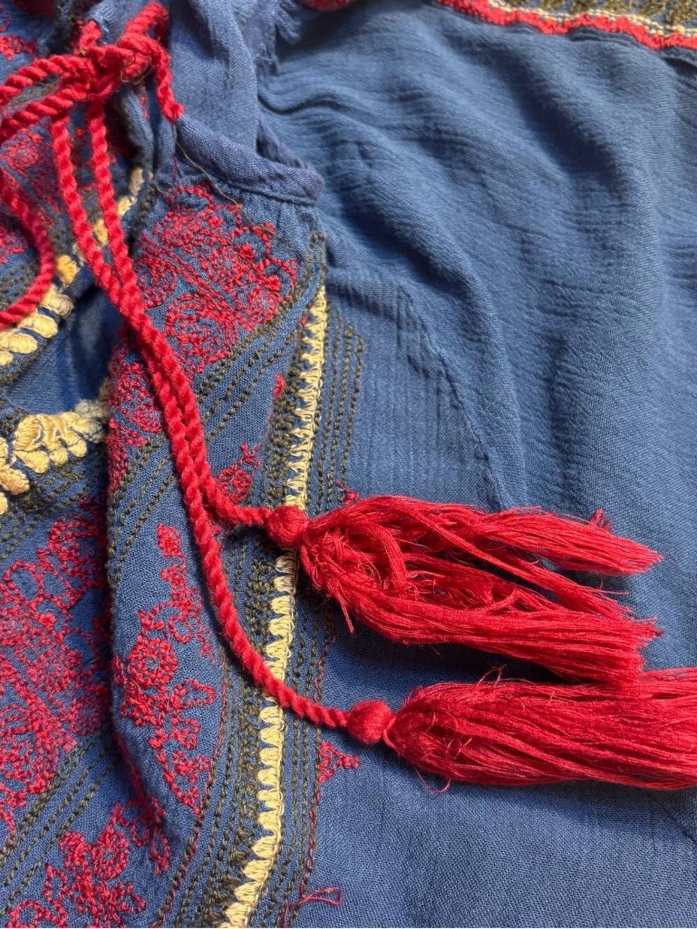 Hazel Boho Top Large Blue Embroidered Peasant Tunic Magenta Tassels 3/4 Sleeves - Picture 11 of 16